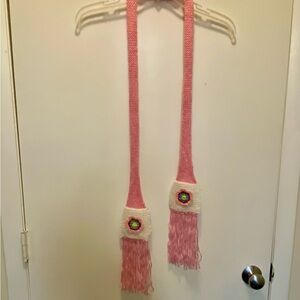 Hand-knit Pink and White Scarf with Fringe and Embroidered Roses